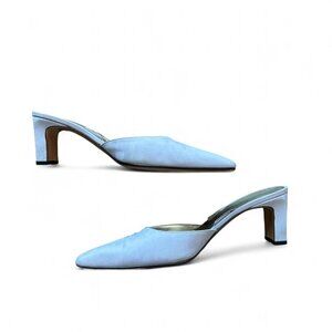 Blue leather kitten heel mules with pointed toe and lace up detail size 9